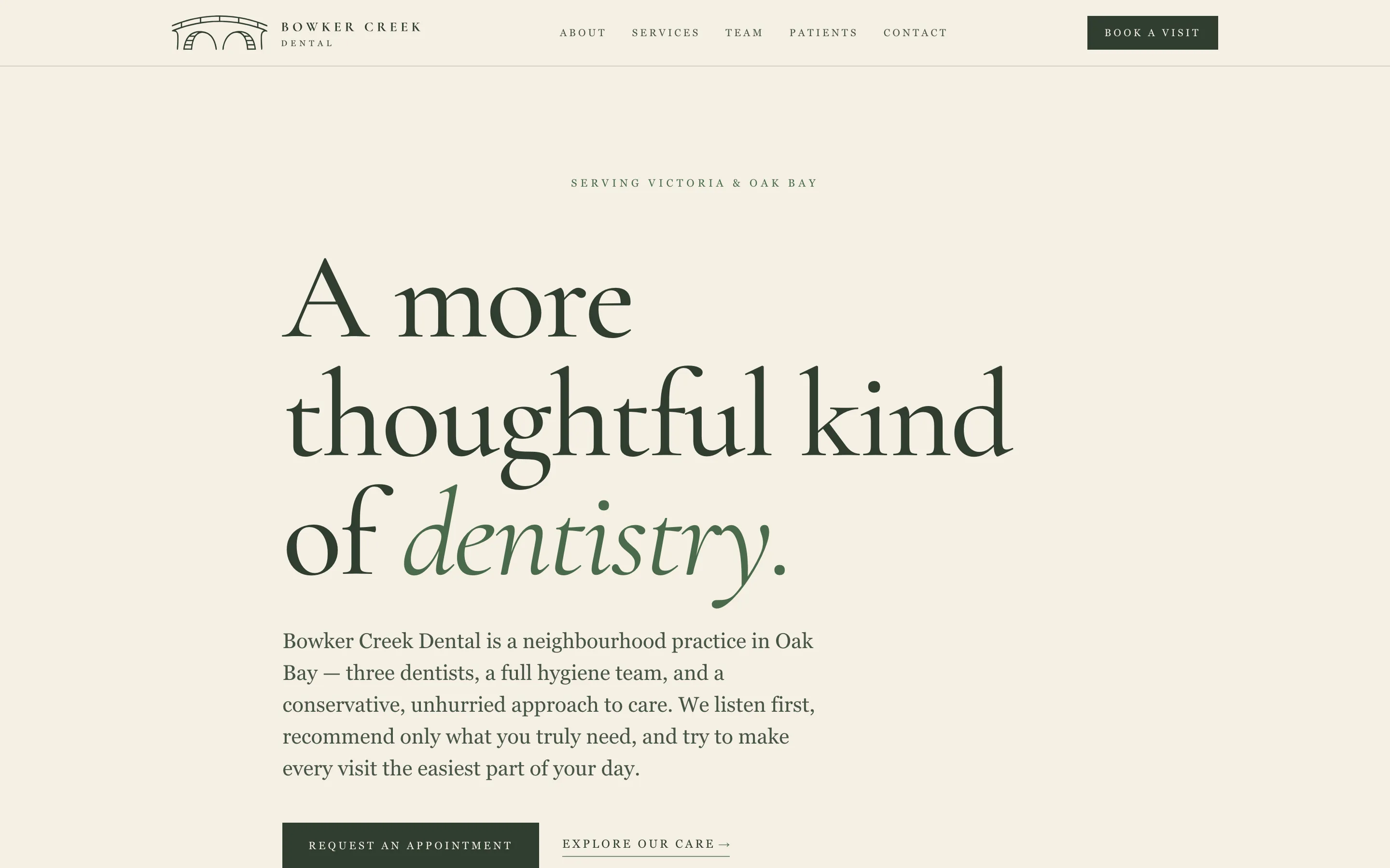 The Bowker Creek Dental home page: “A more thoughtful kind of dentistry.”