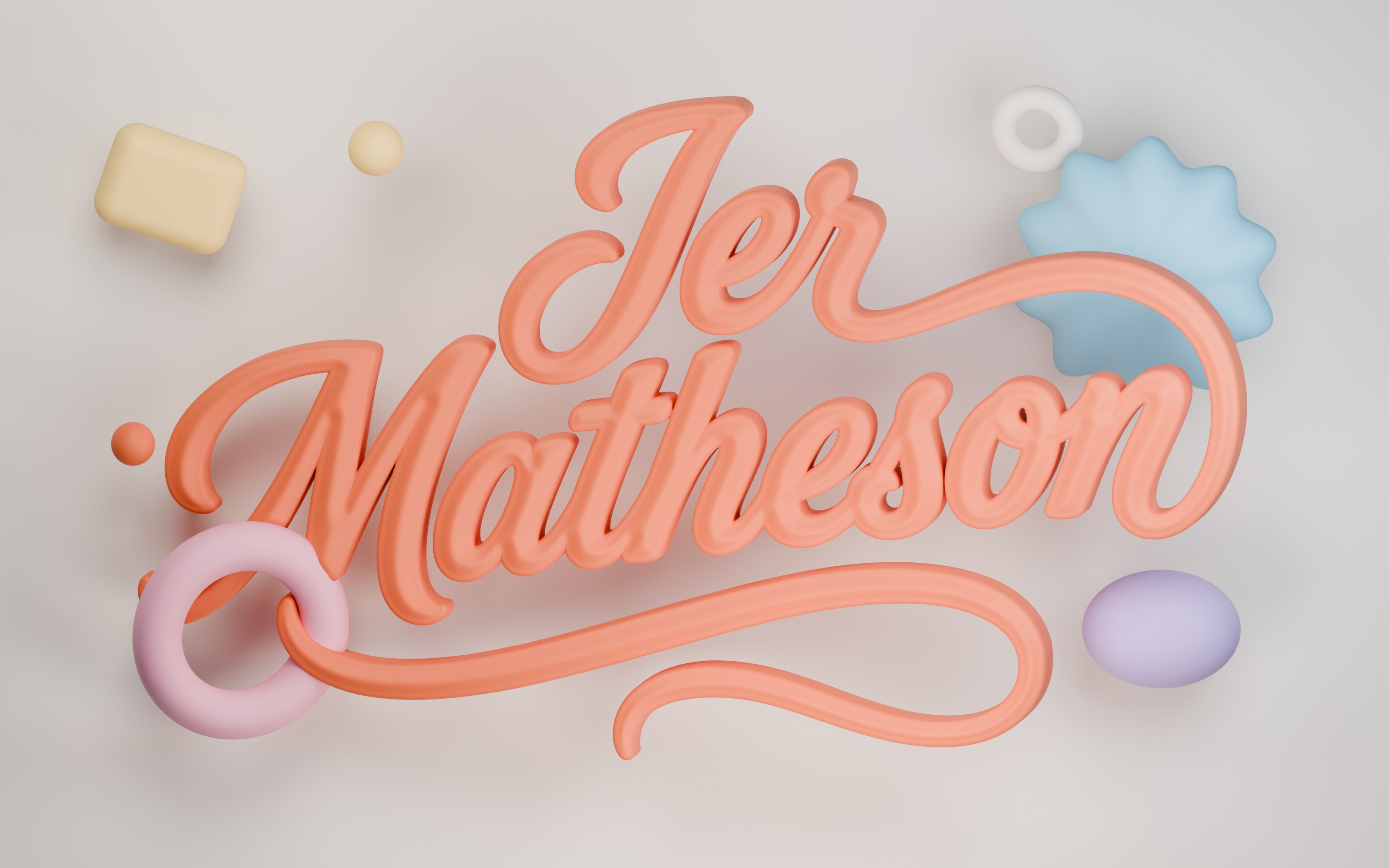 The Jer Matheson script logo as oversized coral clay, floating among soft pastel shapes