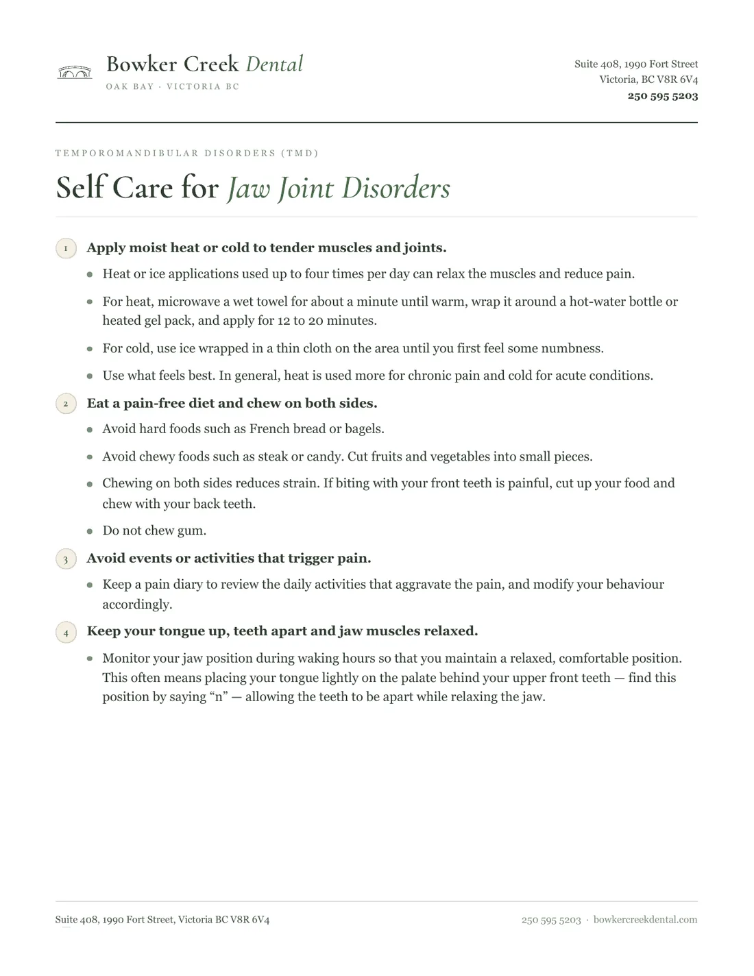 Self care for jaw joint disorders handout