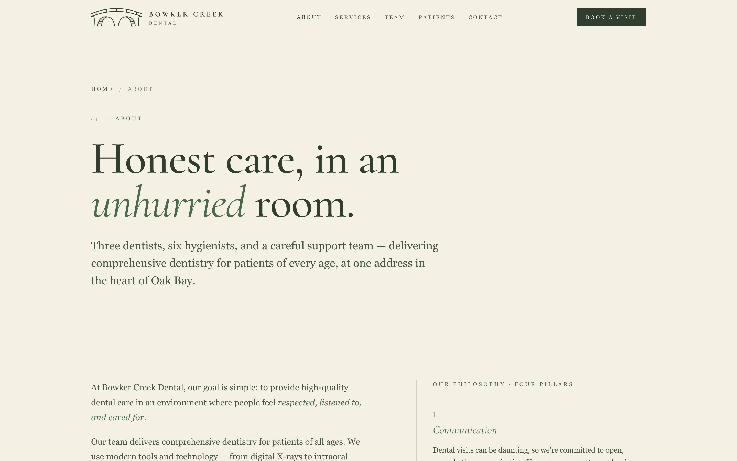 About page: “Honest care, in an unhurried room.”