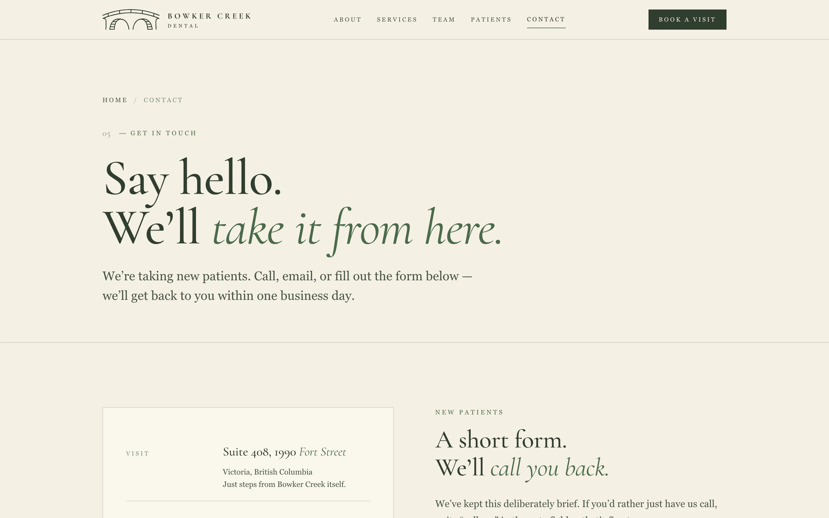 Contact page: “Say hello. We’ll take it from here.”