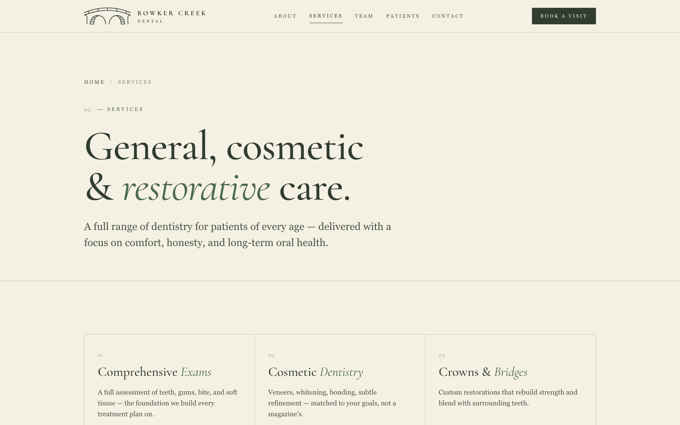 Services page: “General, cosmetic & restorative care.”