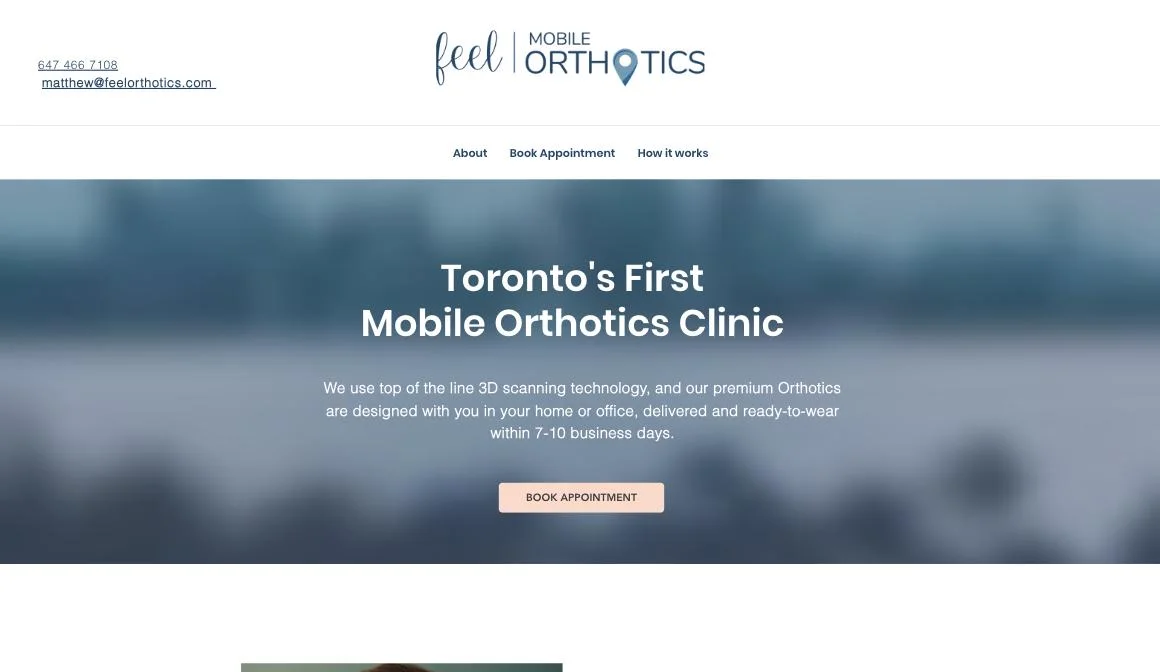 The old FEEL home page on Wix: a blurred Toronto skyline behind “Toronto’s First Mobile Orthotics Clinic”
