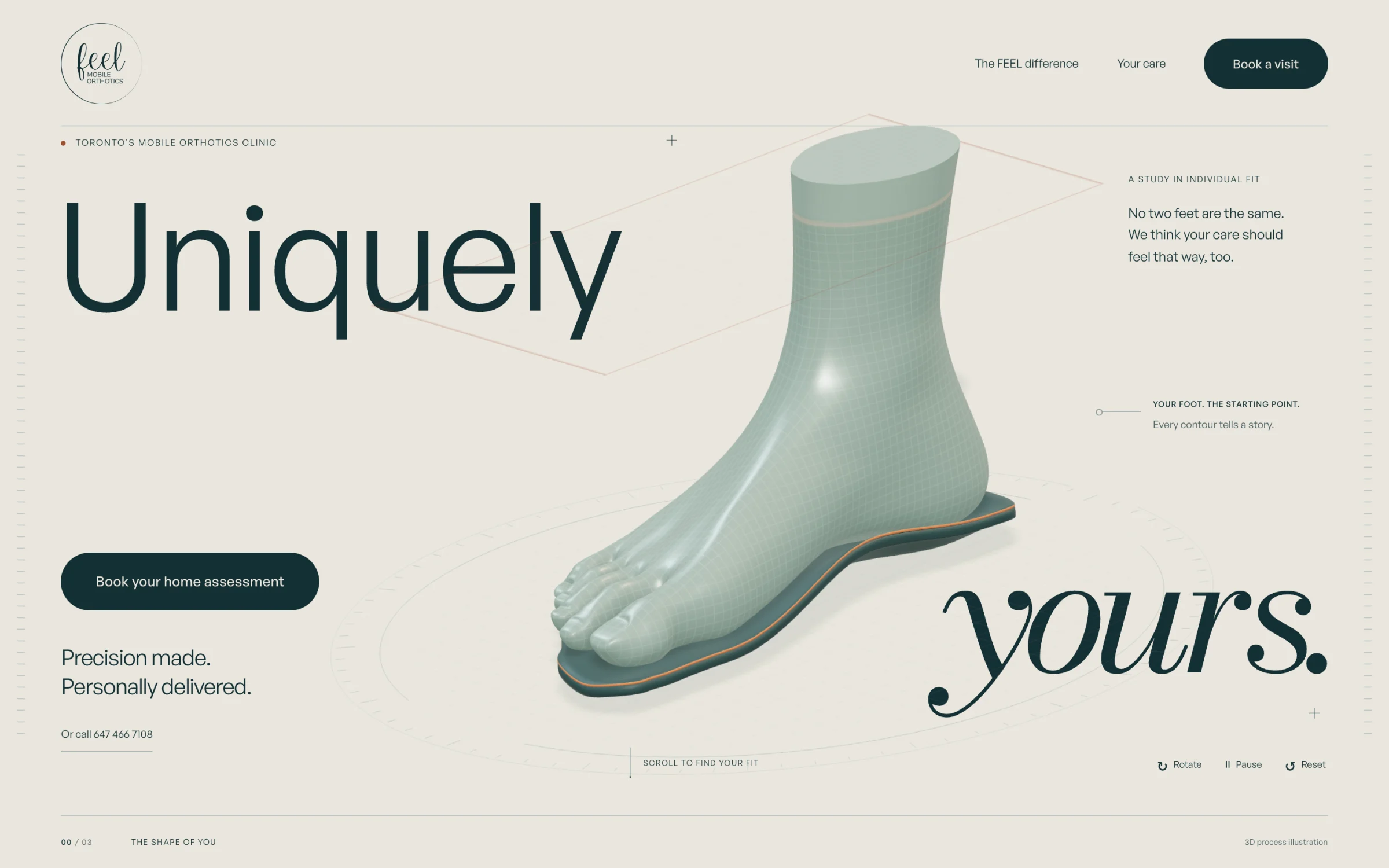 The FEEL home page: “Uniquely yours.” beside a 3D foot on its fitted orthotic