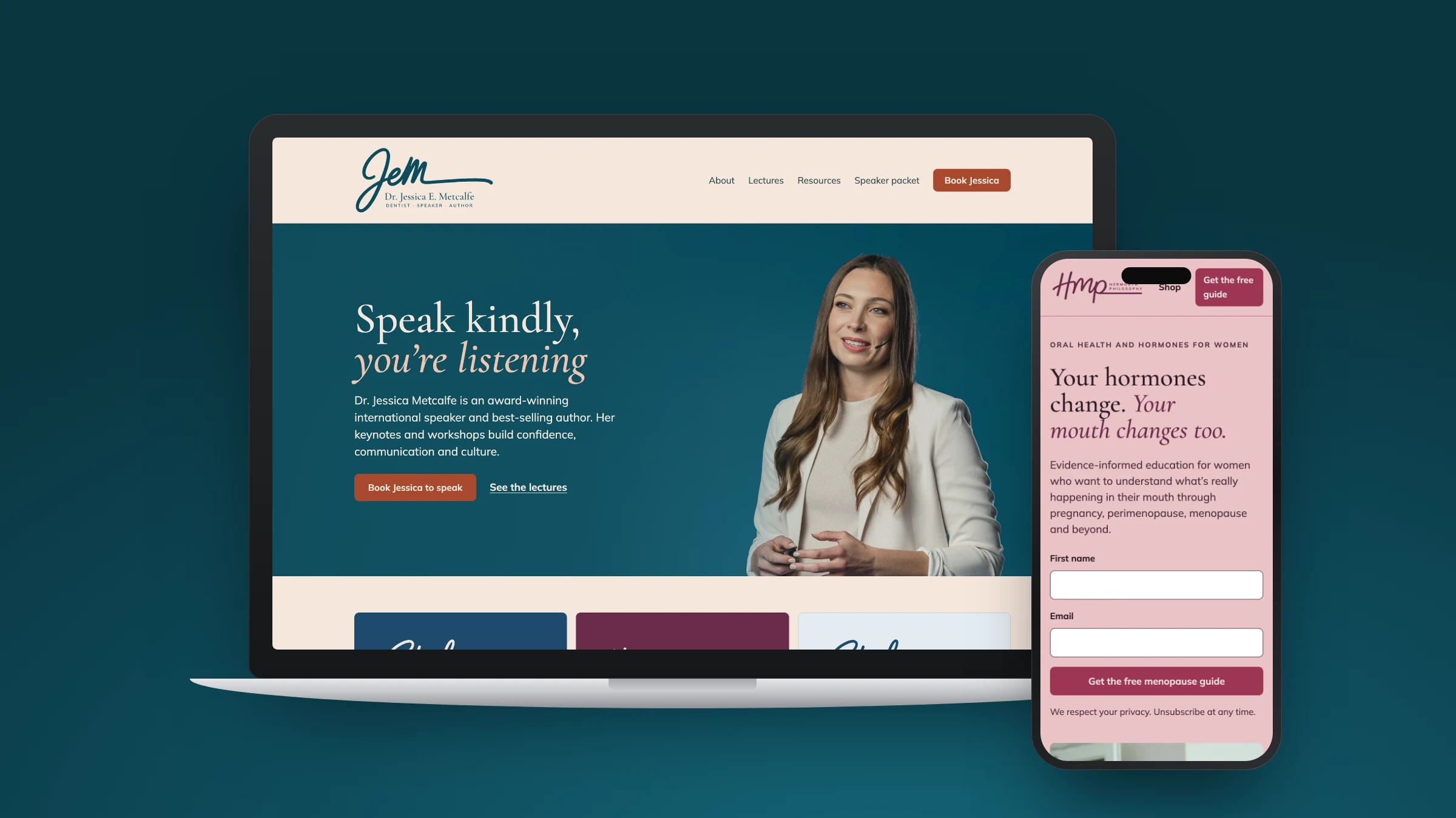 Dr. Jessica Metcalfe’s home page on a laptop beside the HerMouth Philosophy site on a phone