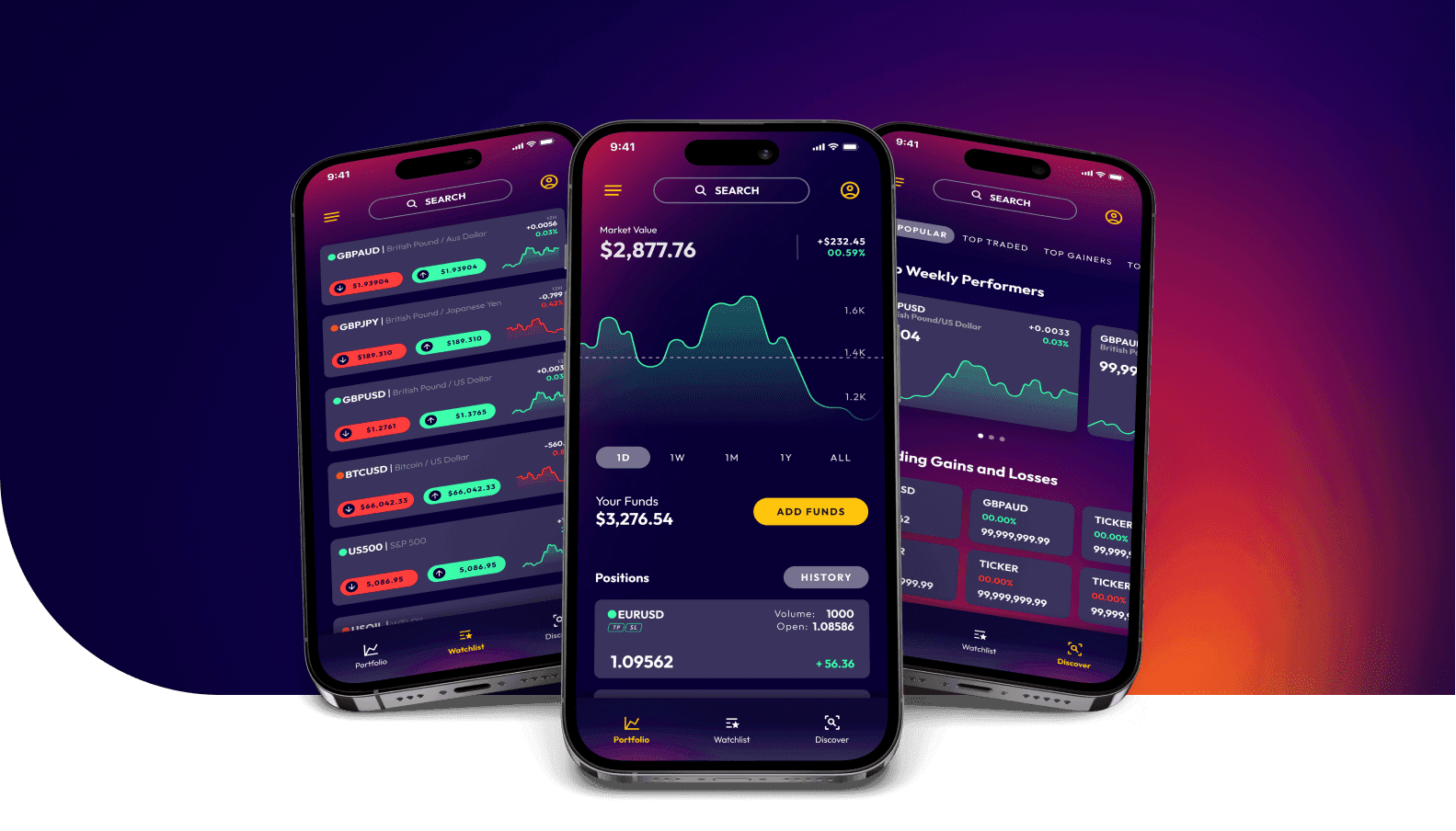 Three Taurex trading app screens: watchlist, portfolio and top performers
