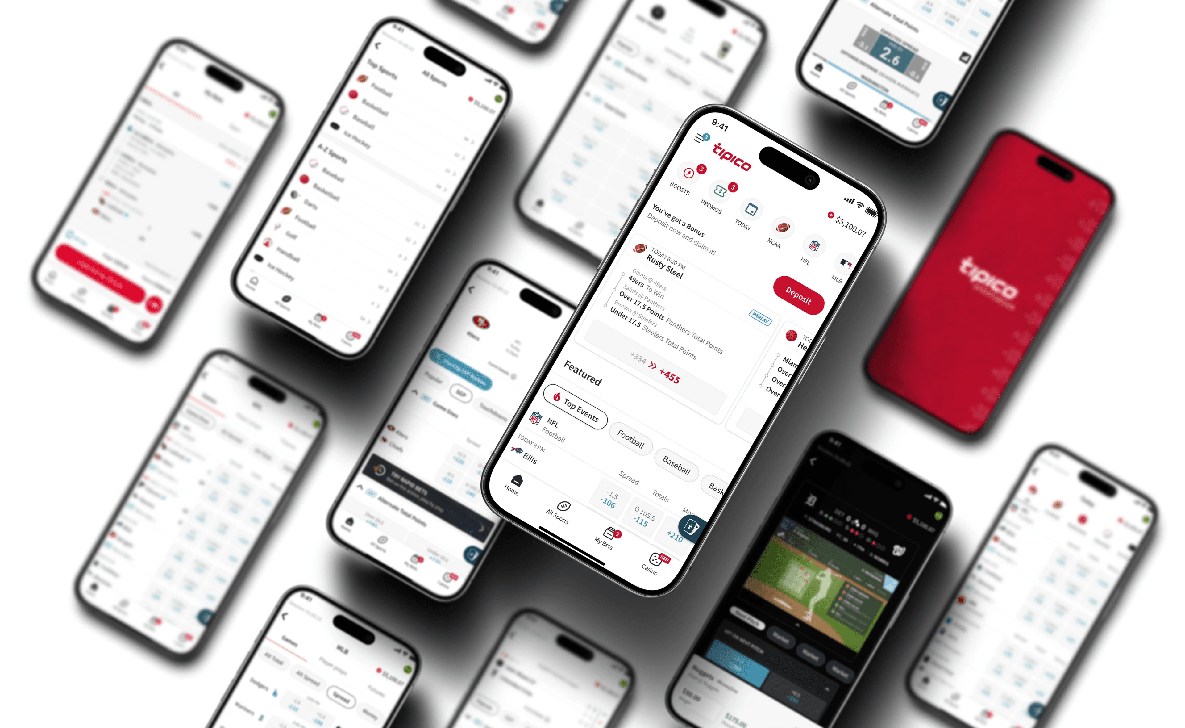 Redesigned Tipico sportsbook screens across a spread of phones
