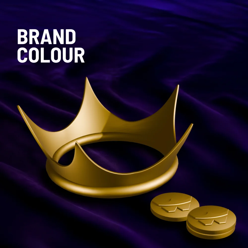 Brand book cover for colour: a gold crown and coins on violet silk