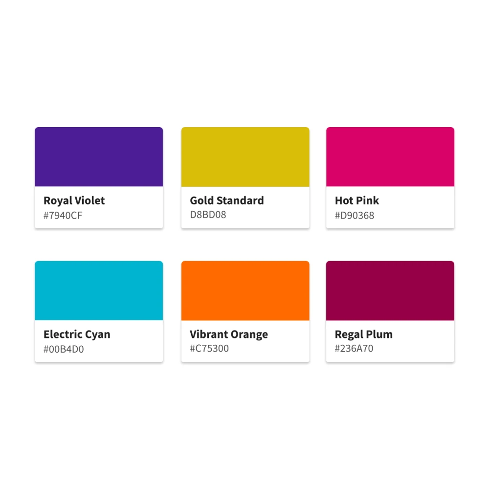 The colour palette: Royal Violet, Gold Standard, Hot Pink, Electric Cyan, Vibrant Orange and Regal Plum
