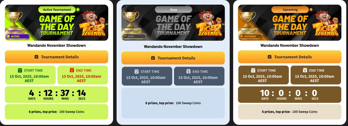 Game of the Day tournament cards in the product: active, finished and upcoming